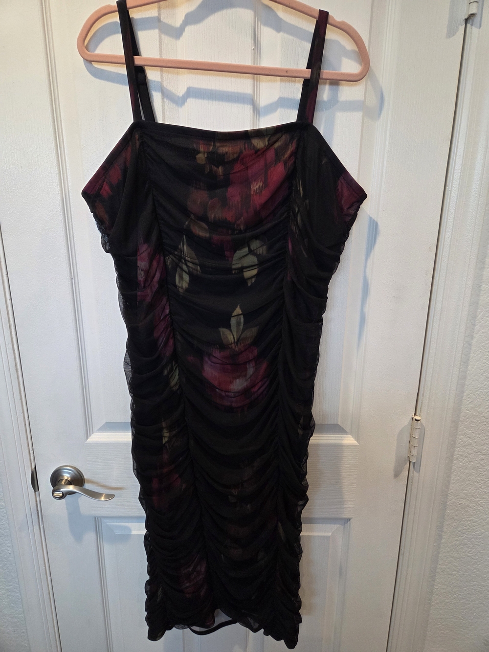 torrid Black Ruched Midi Dress with Pink Floral Print